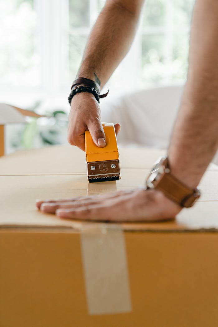 gallery-1 Side view of crop anonymous man packing cardboard box using scotch tape dispenser while preparing personal items for moving to new apartment