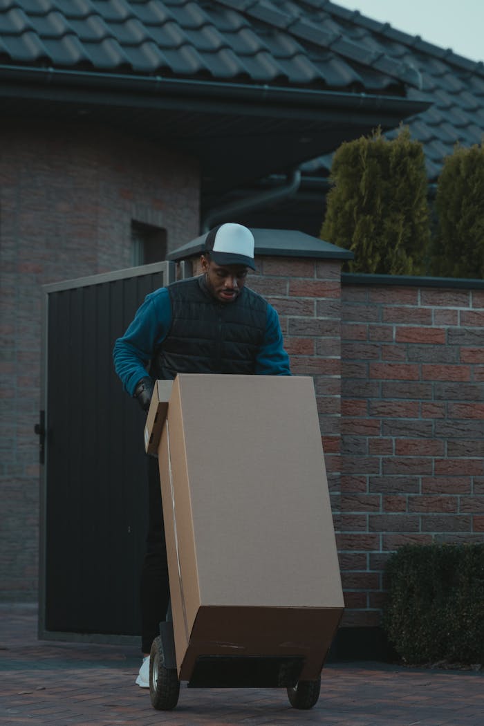 A courier in uniform delivering a package with a trolley on an urban street.